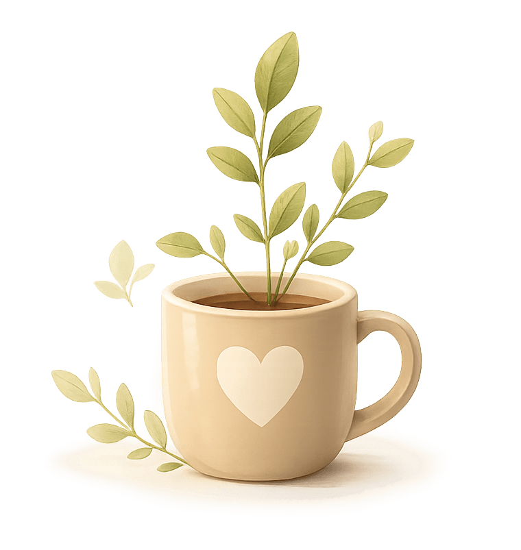 Bloomly illustration: warm mug with a growing plant — same as the onboarding welcome screen.