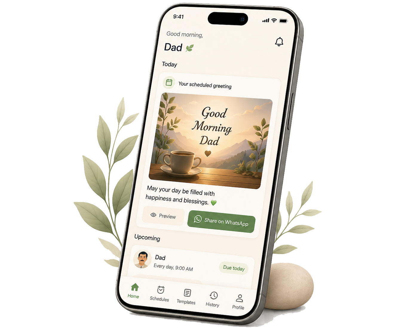 Bloomly app on iPhone: home, daily check-in, and message preview.